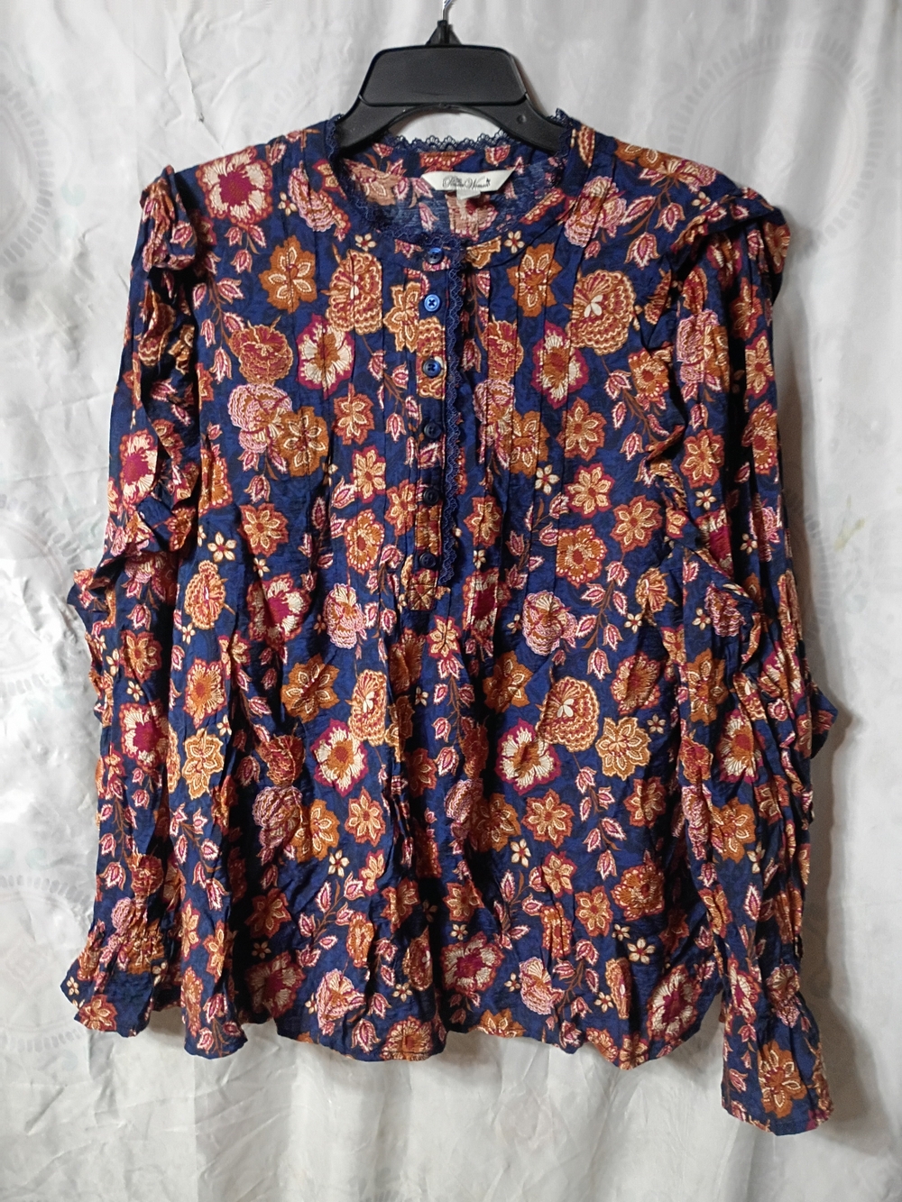 The Pioneer Woman Navy Floral Button-Front Blouse with Rust and Cream Accents